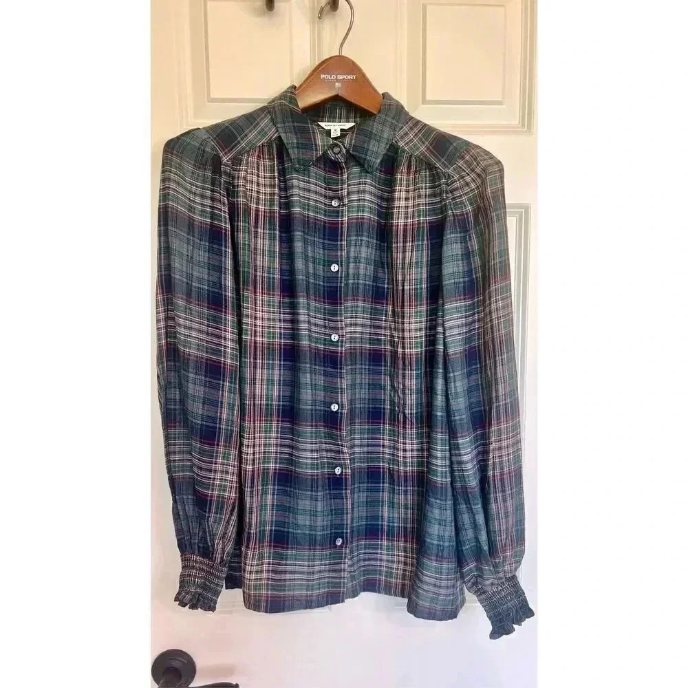 Max‎ Studio Women’s Medium Striped Flannel Button Down Shirt Top Collared